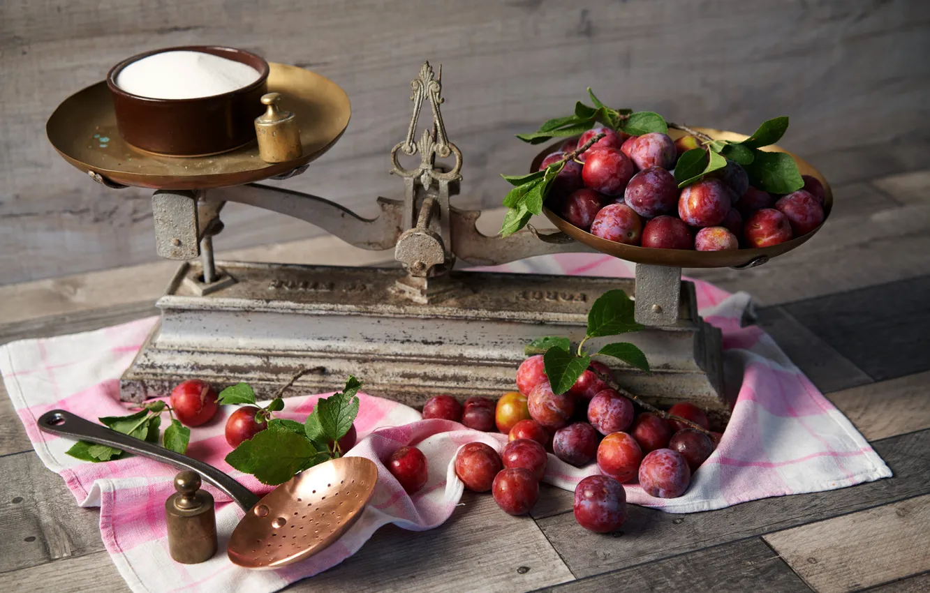 Photo wallpaper fruit, still life, Libra, plum, drain