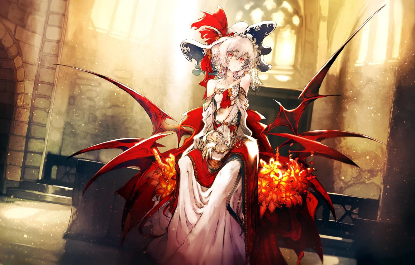 Photo wallpaper girl, wings, sitting, demoness, Touhou, Touhou, Touhou