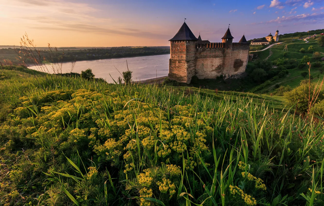 Photo wallpaper landscape, nature, river, the slopes, fortress, grass, Ukraine, Hawtin