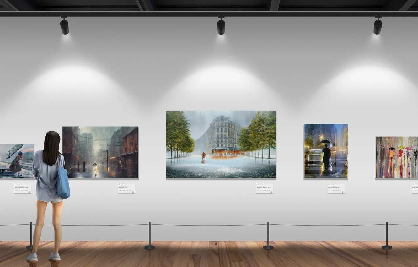 Photo wallpaper rain, woman, canvas, oil painting, art gallery, viewer of a painting