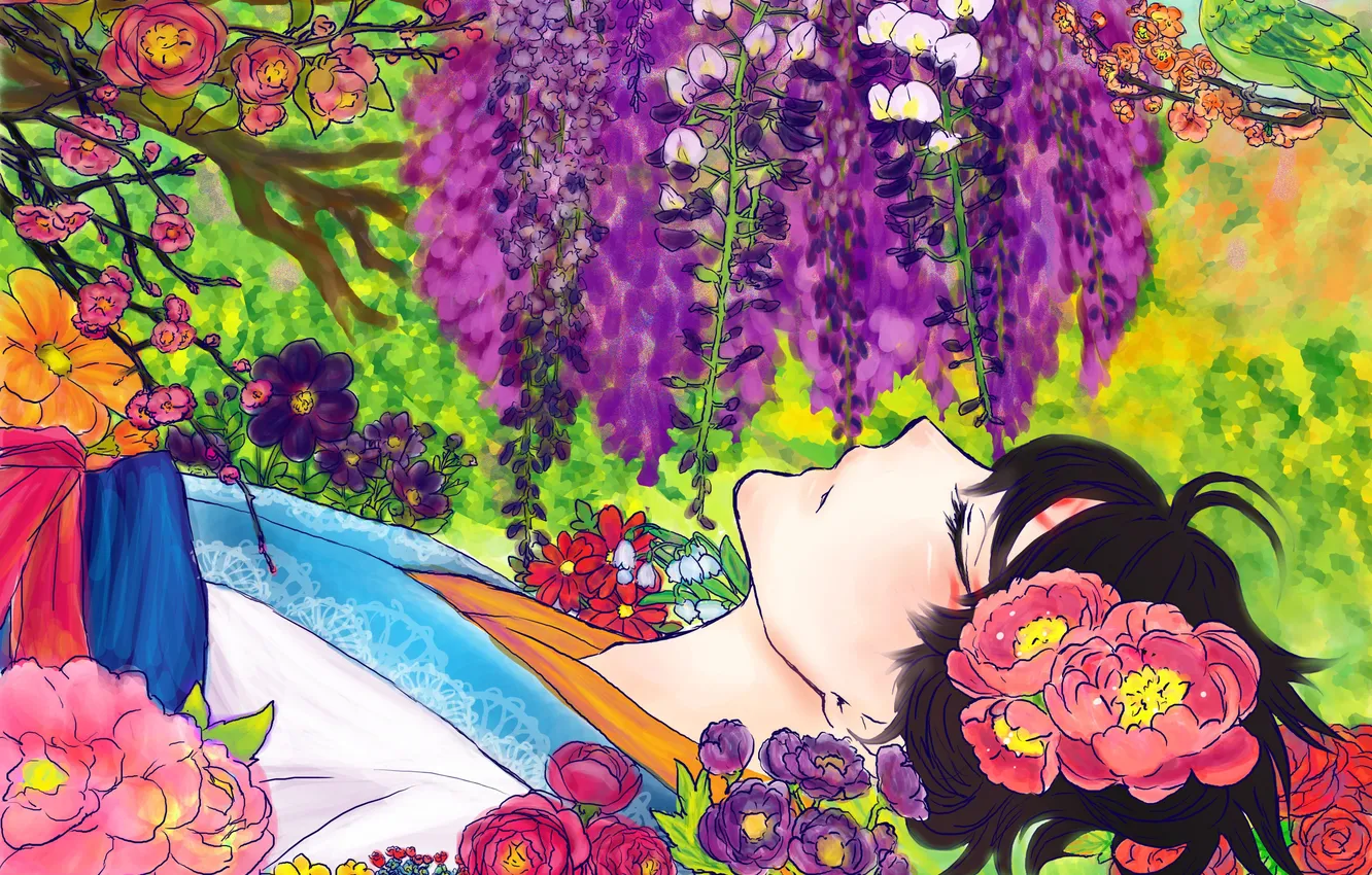 Photo wallpaper girl, flowers, bird, art, lies, Anime, kimono, Anime