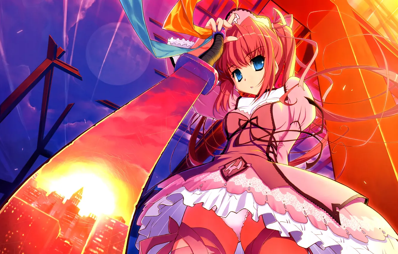 Photo wallpaper look, girl, sunset, reflection, panties, sword, anime, dress