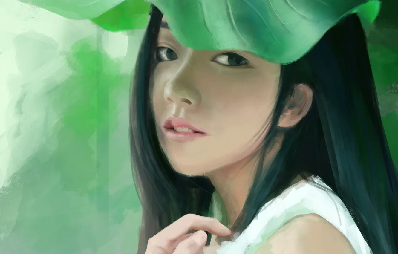 Photo wallpaper leaves, girl, face, art