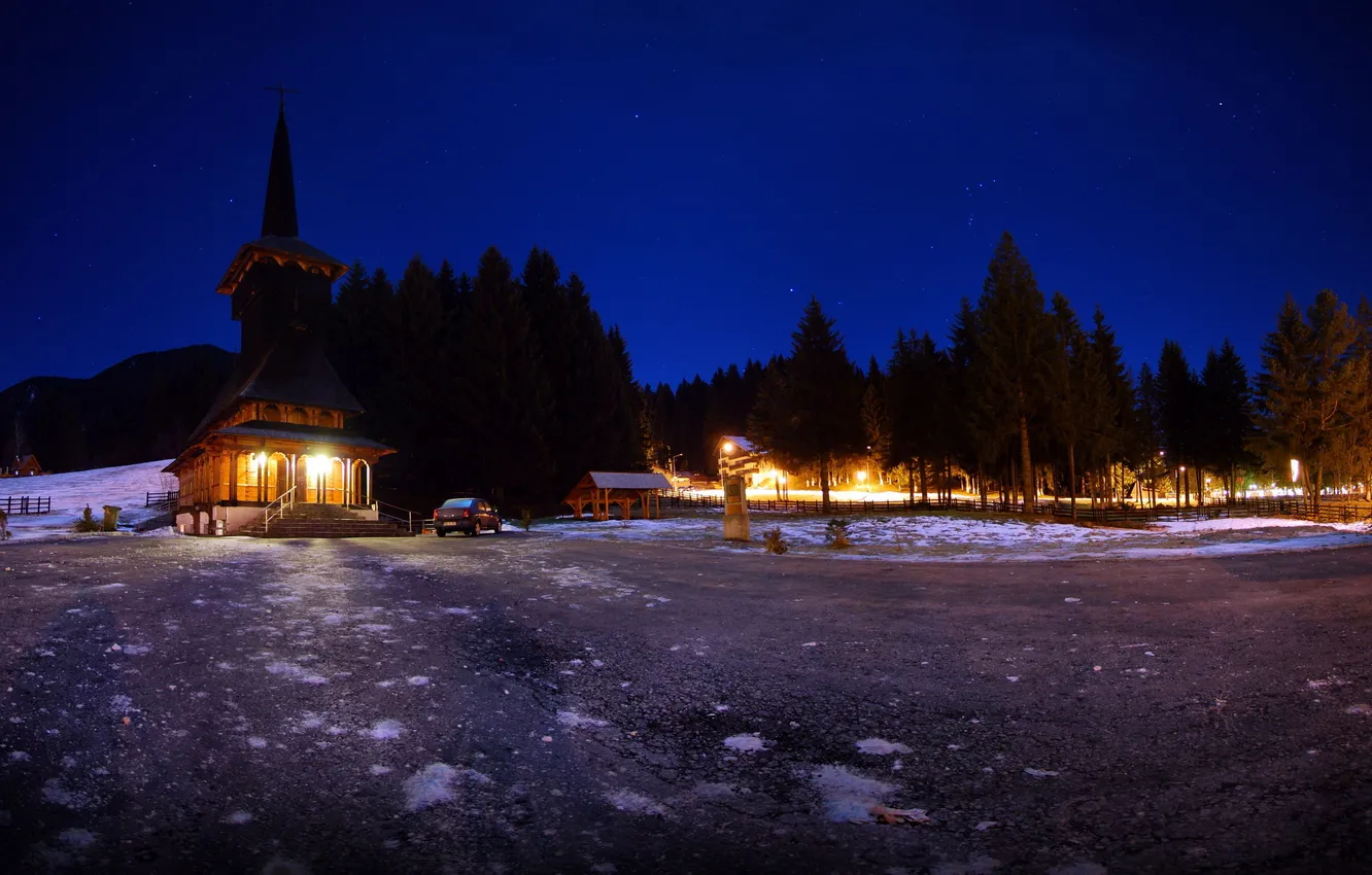 Photo wallpaper forest, the sky, stars, snow, night, lights, Church