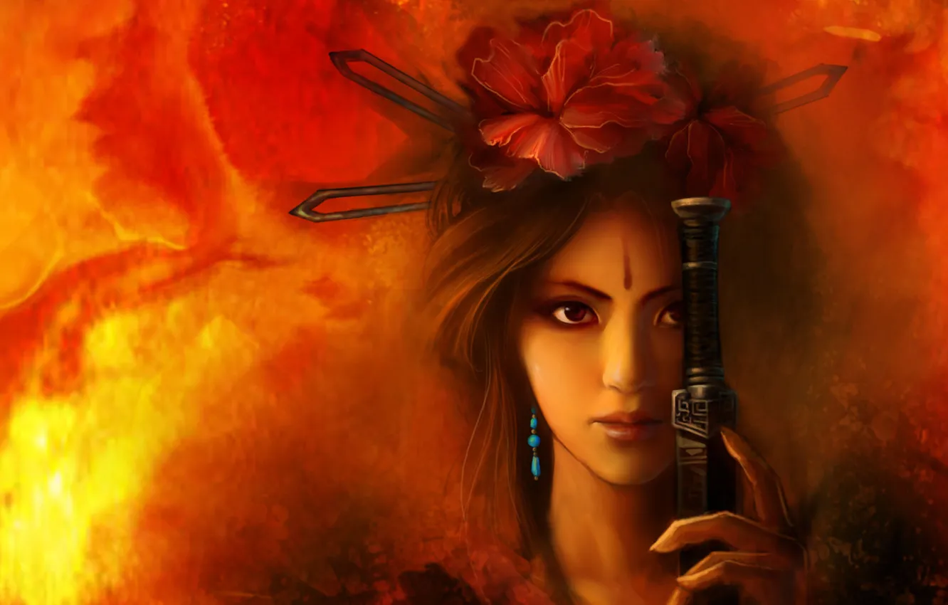 Photo wallpaper girl, flowers, flame, sword