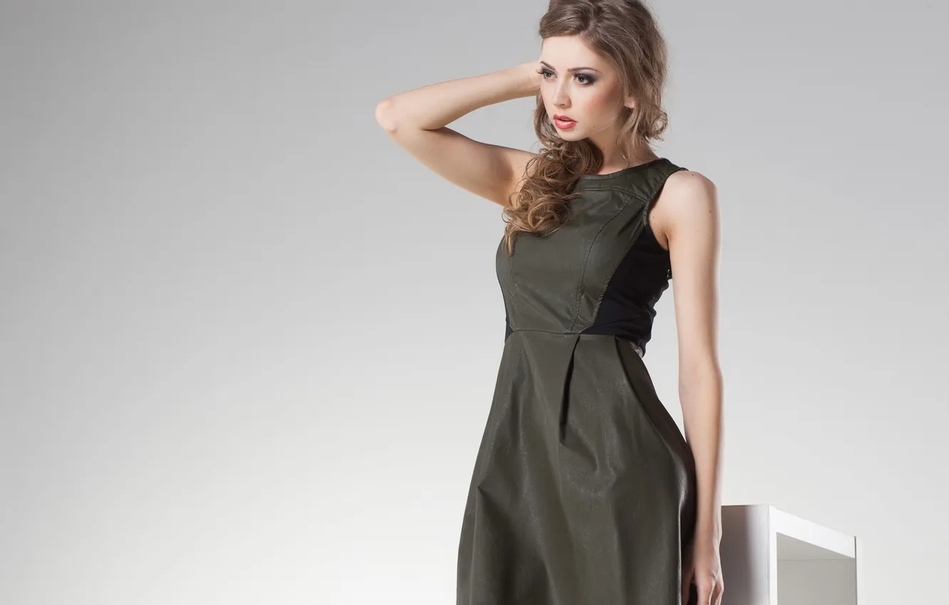 Photo wallpaper look, girl, model, makeup, dress, hairstyle, tights. background