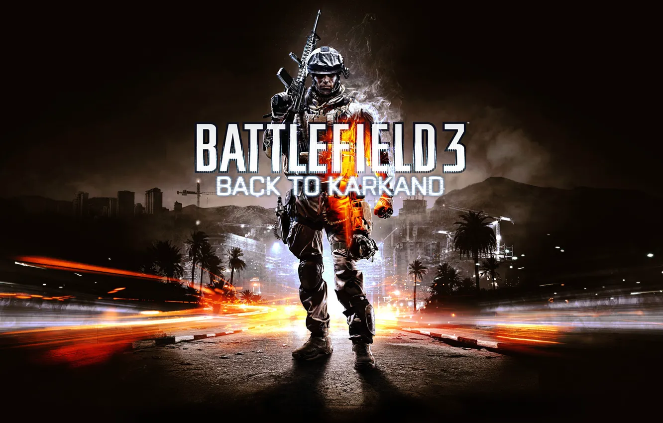 Photo wallpaper mountains, palm trees, weapons, street, building, battlefield, marine, freezelight