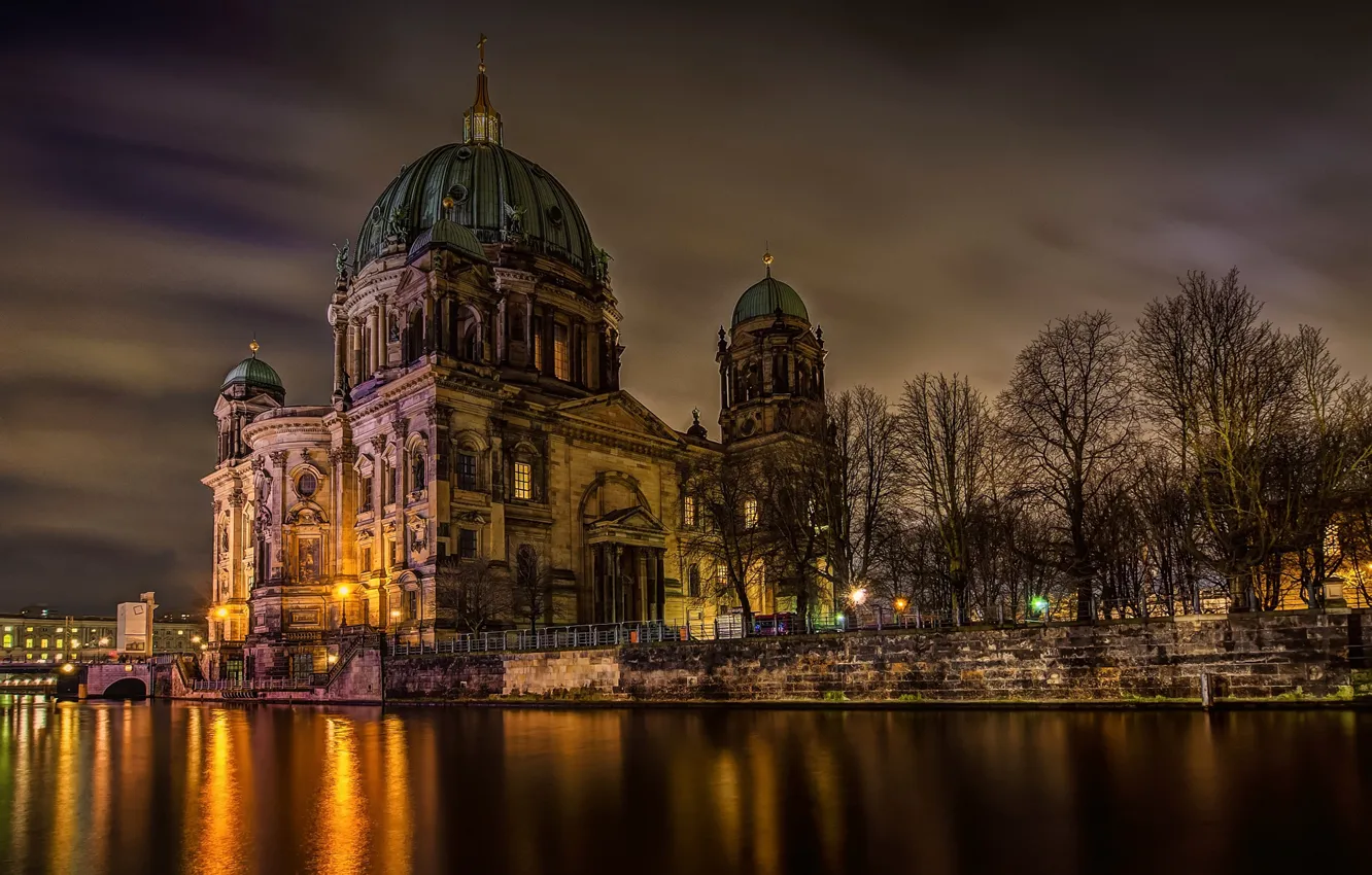 Photo wallpaper light, trees, night, the city, river, Germany, Germany, Berlin
