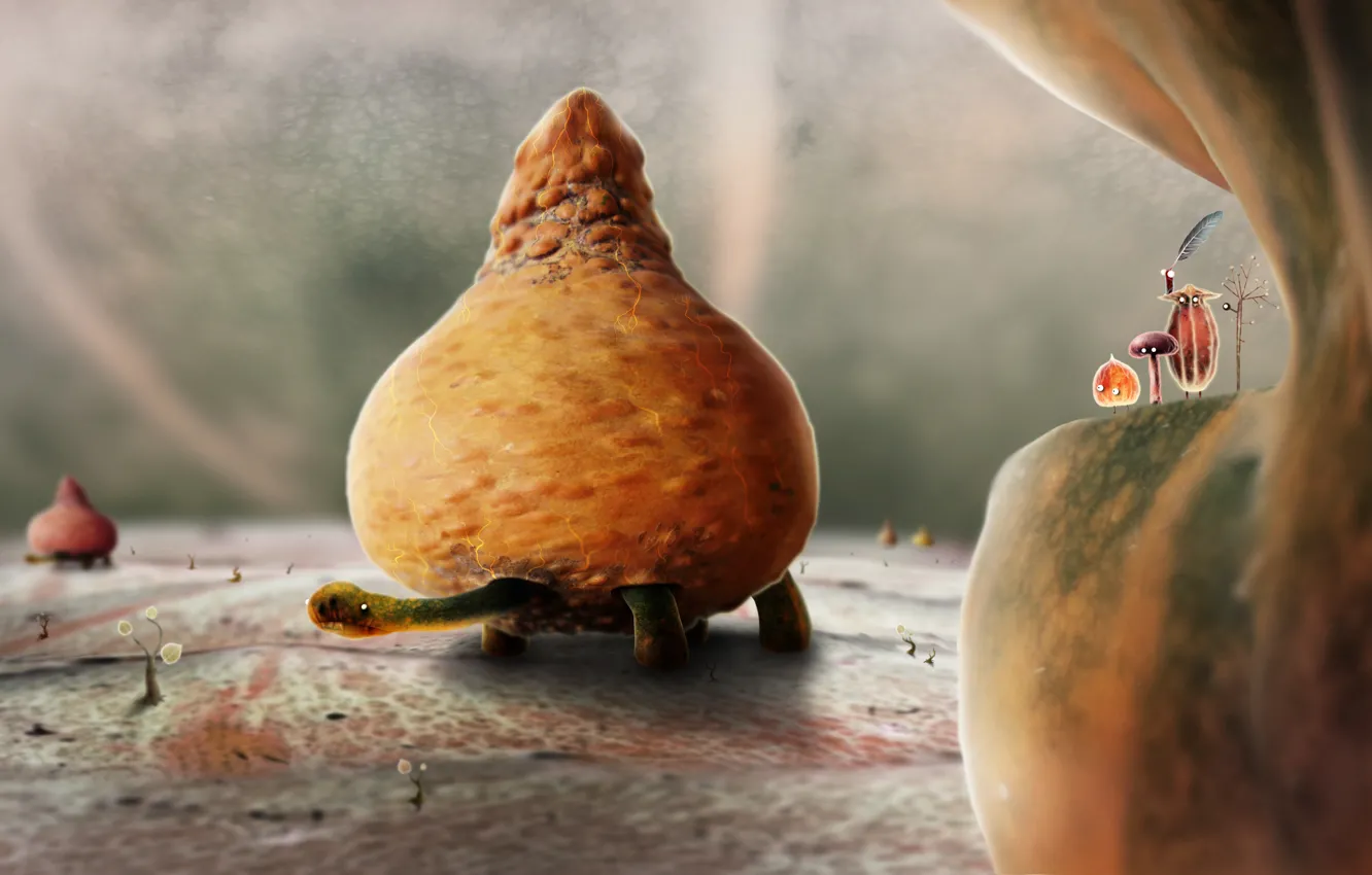 Photo wallpaper leaves, Rostock, turtle, characters, botanicula