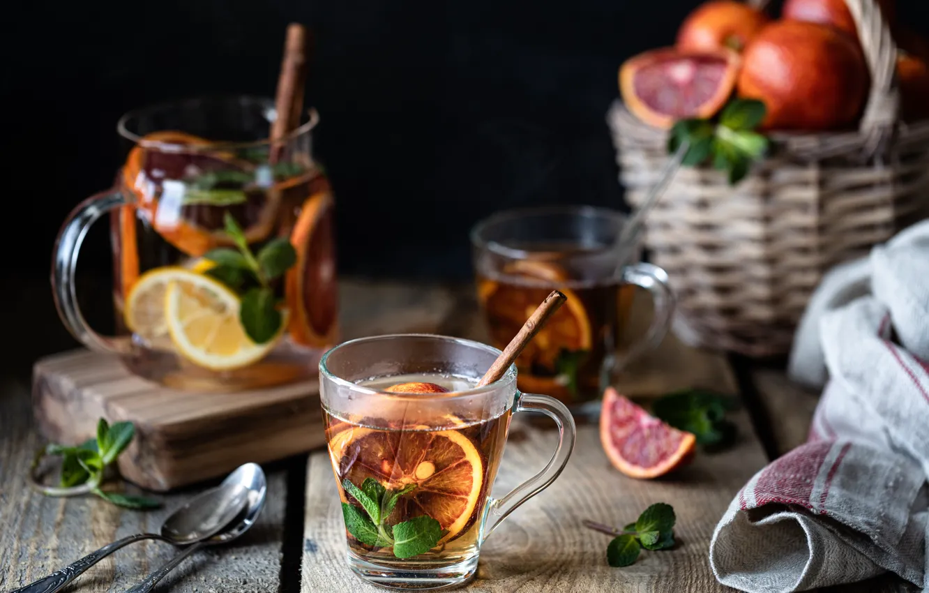 Photo wallpaper tea, orange, Cup, citrus, fragrant, Karina Klachuk