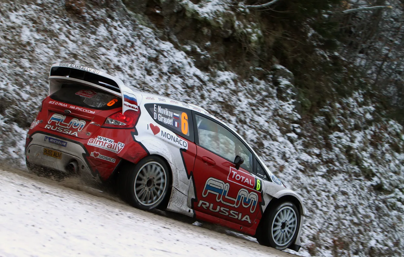 Photo wallpaper winter, snow, Ford, racer, WRC, Rally, Evgeny Novikov, Ford Fiesta rs