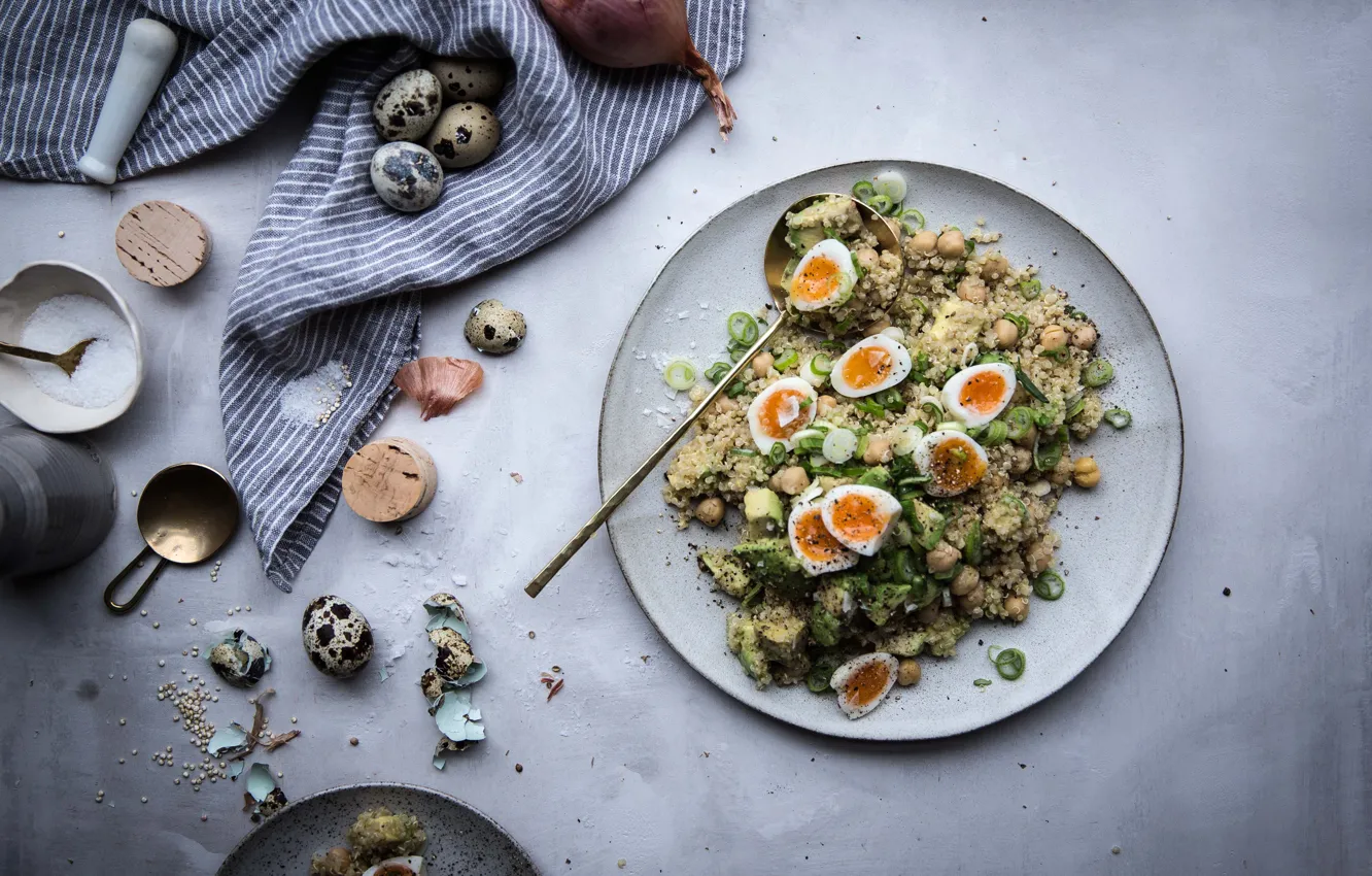 Photo wallpaper salad, vegetarian, quinoa, food styling, chickpea, quail eggs