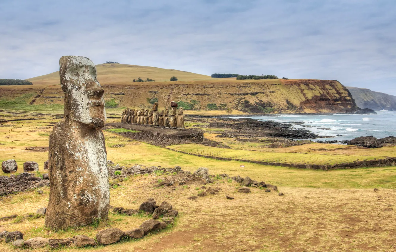 Photo wallpaper sea, the sky, rocks, Easter island, statue, Chile, Rapa Nui, moai