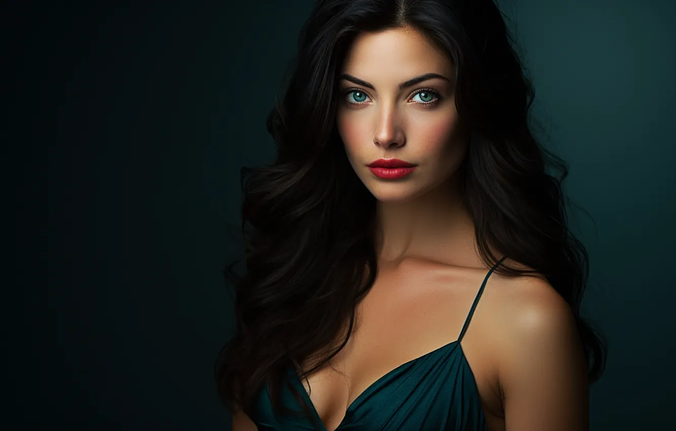 Photo wallpaper cleavage, long hair, model, women, digital art, Minimalism, black hair, simple background