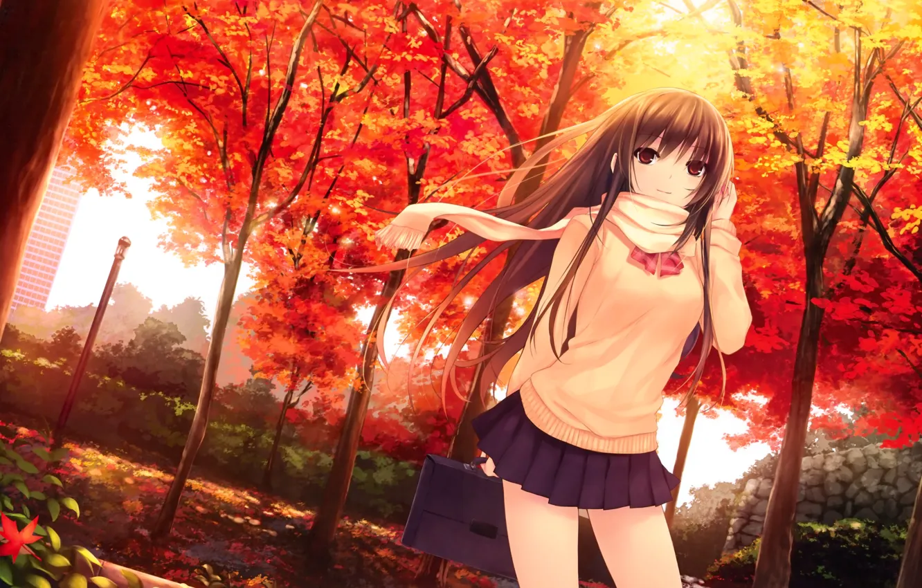 Photo wallpaper autumn, leaves, girl, trees, skirt, scarf, long hair, sweater
