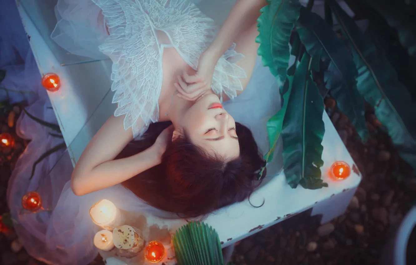 Photo wallpaper leaves, girl, pose, stay, relax, plant, sleep, candles