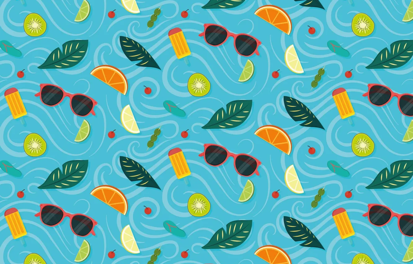 Photo wallpaper sea, wave, summer, leaves, cherry, berries, lemon, curls