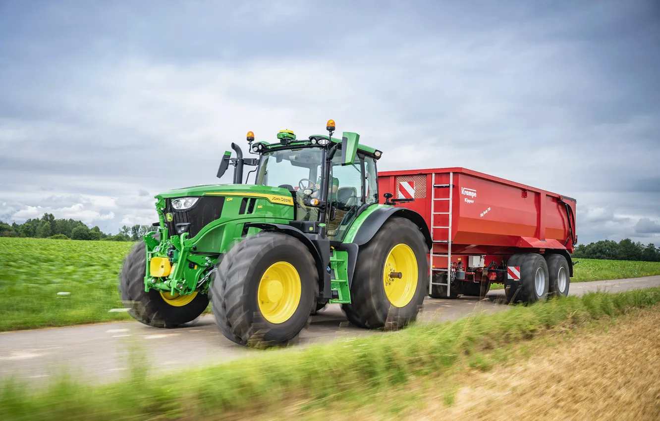 Photo wallpaper road, Trailer, tractor, John Deere, agriculture, 6R 185