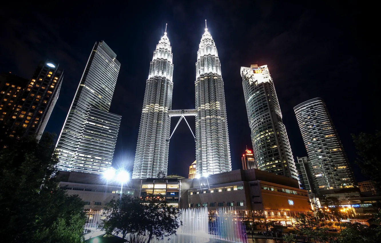 Photo wallpaper night, the city, building, fountain, Malaysia, Kuala Lumpur