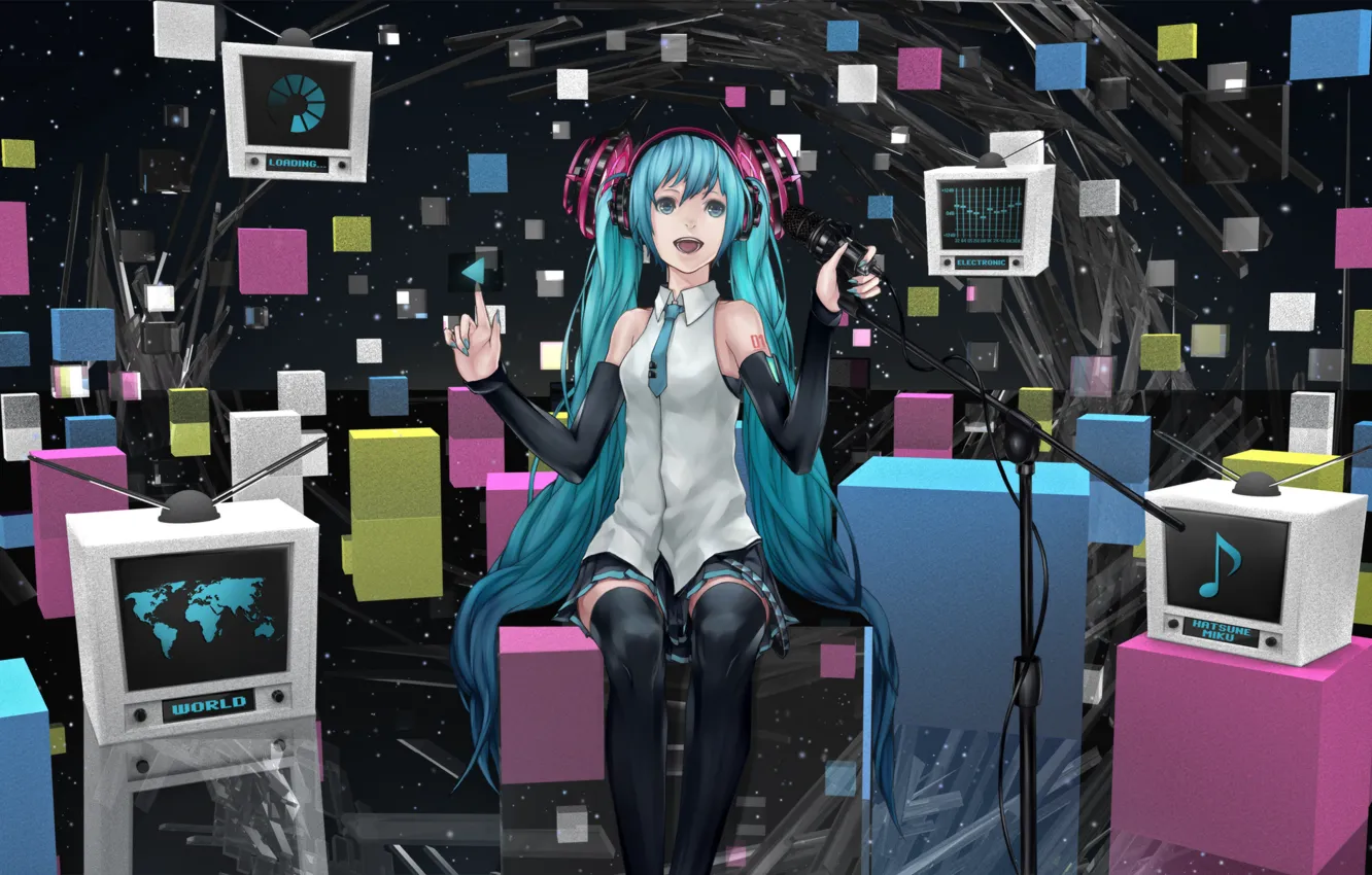 Photo wallpaper headphones, vocaloid, Vocaloid, miku hatsune, Miku Hatsune