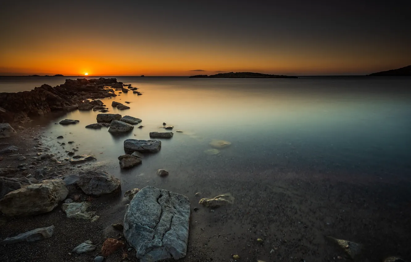 Photo wallpaper sea, sunset, stones, shore