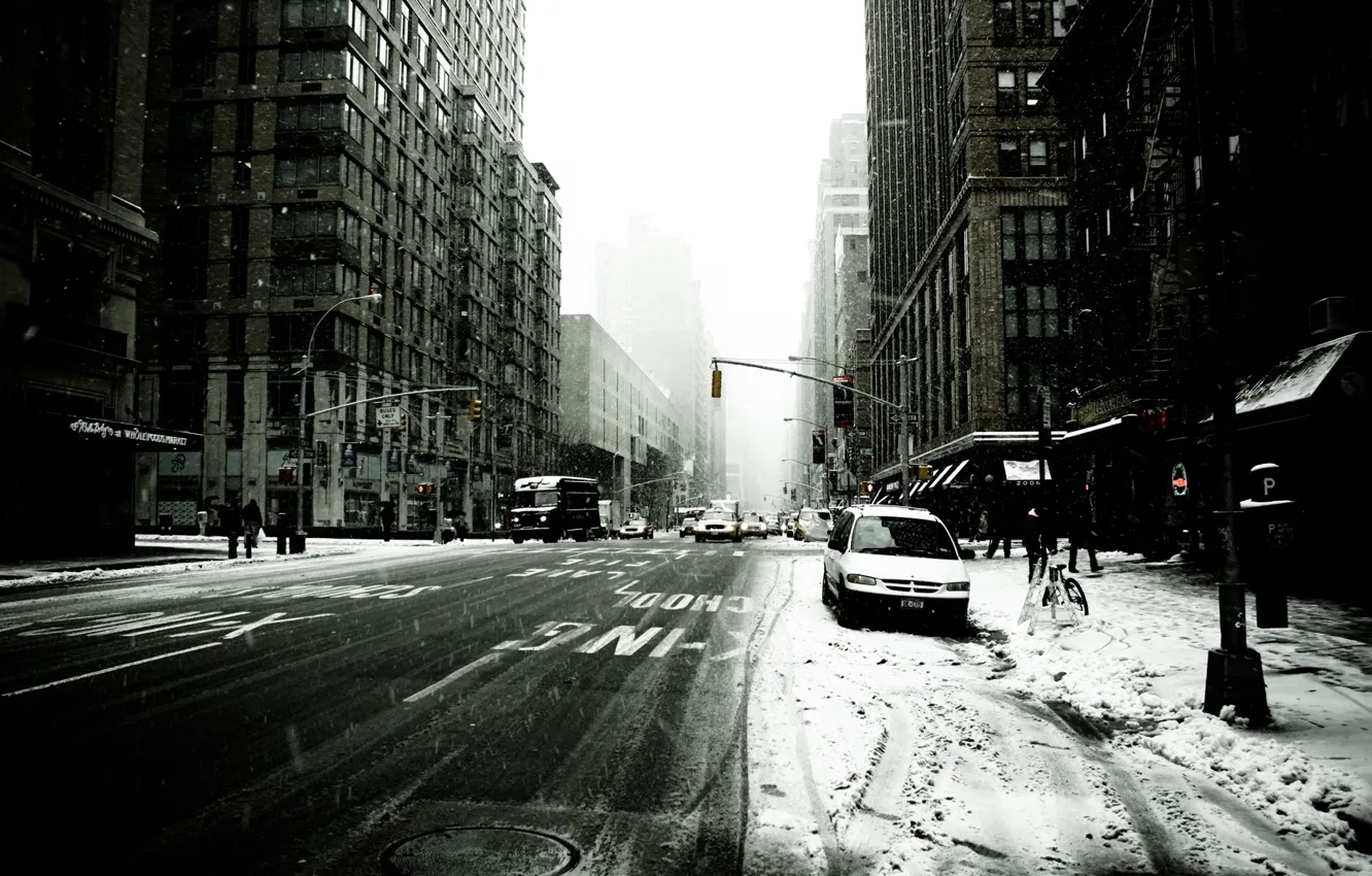 Photo wallpaper winter, machine, the city, people, New York, skyscrapers, taxi, USA