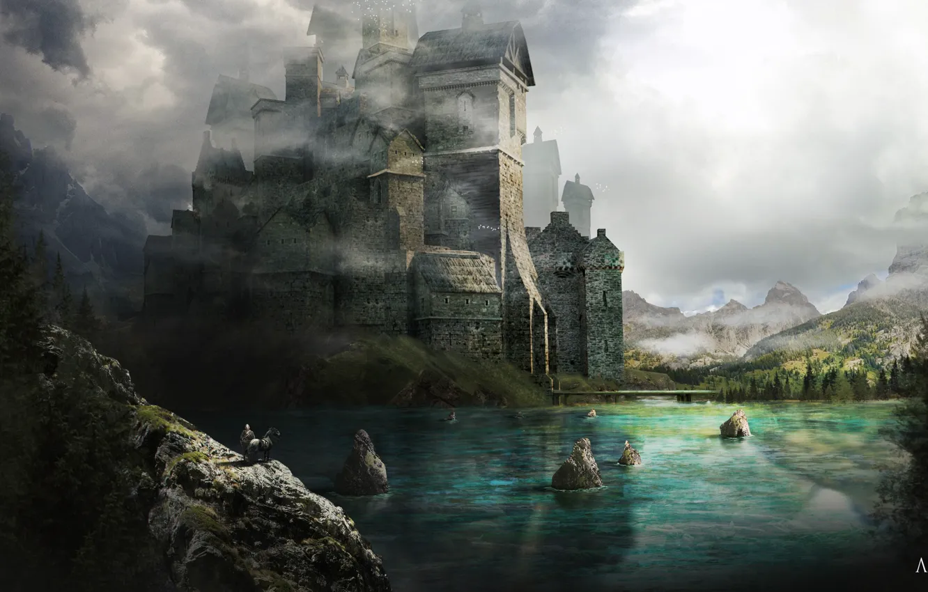 Photo wallpaper mountains, castle, pond, Illustration for a book of Fantasia, Occidenth