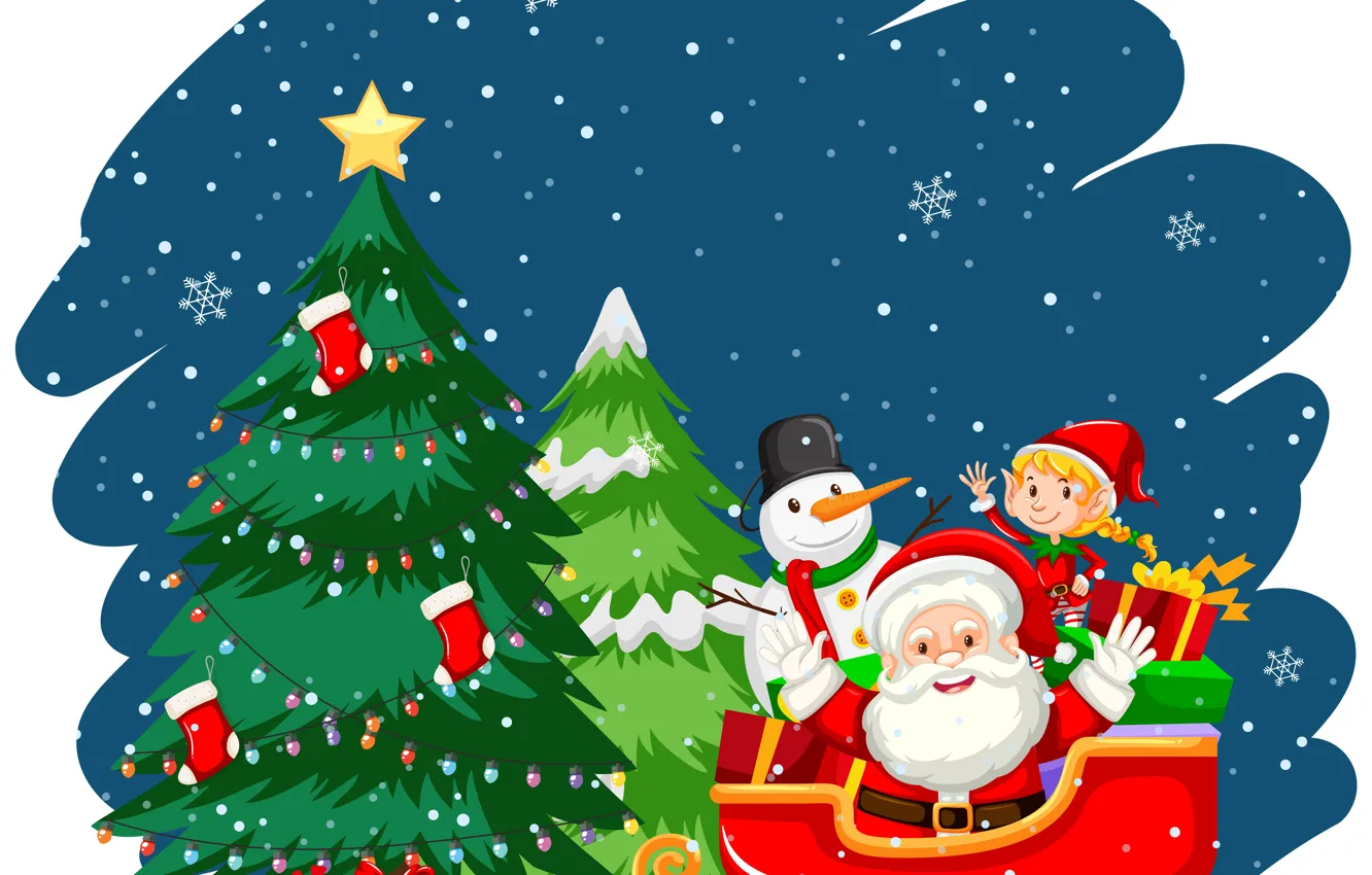 Photo wallpaper Smile, Christmas, New year, Elf, Tree, Gifts, Santa Claus, Snowman