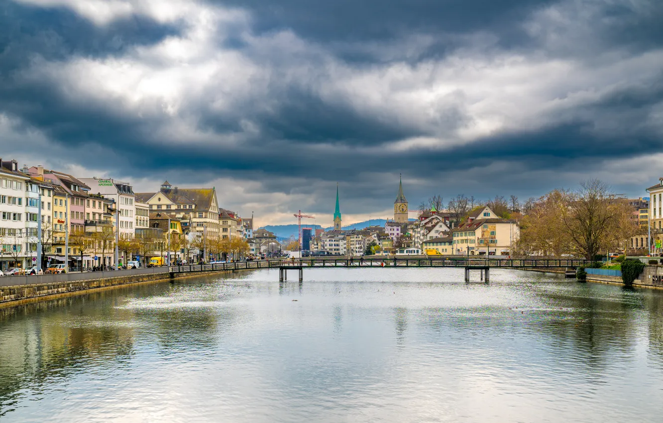 Photo wallpaper bridge, river, home, Switzerland, Zurich