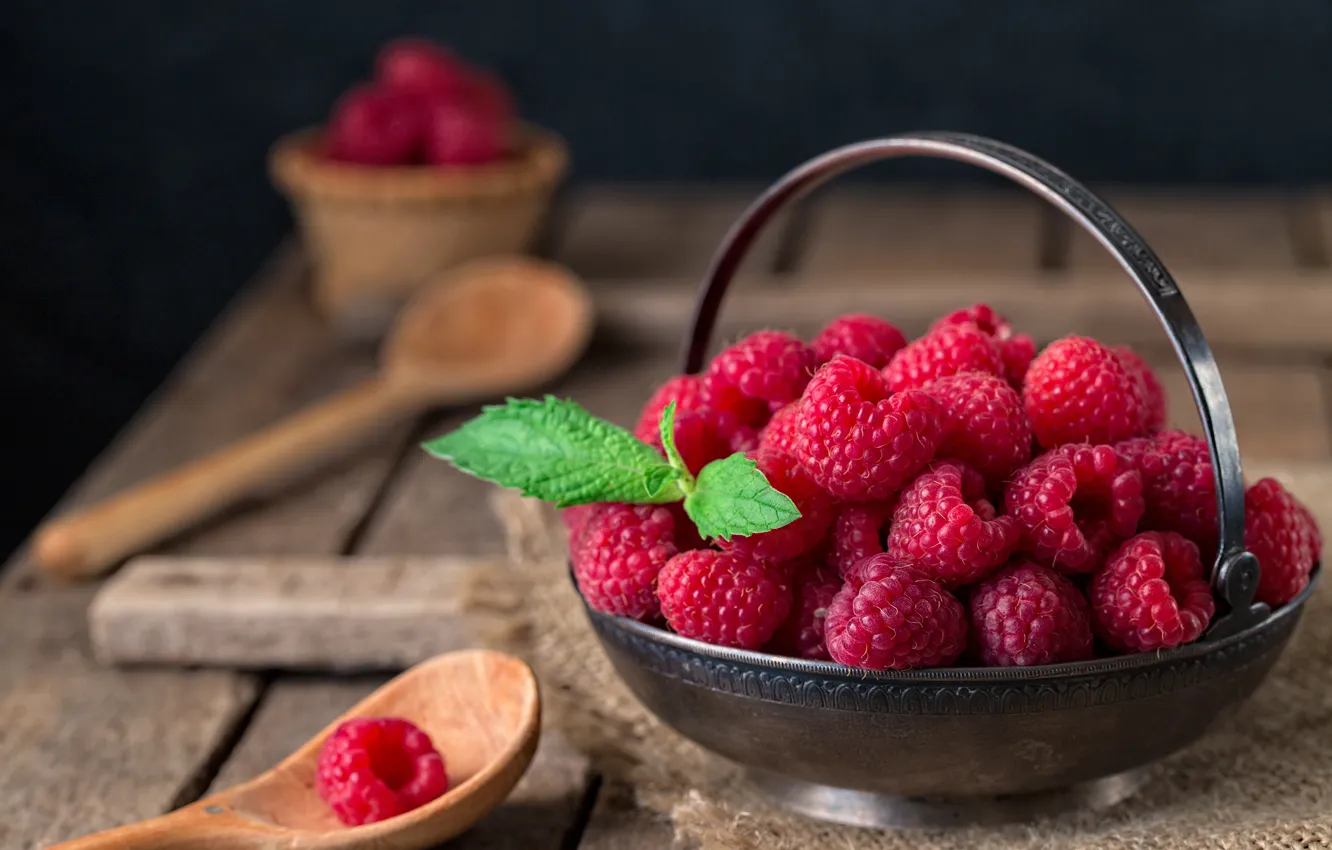 Photo wallpaper berries, raspberry, table, wood