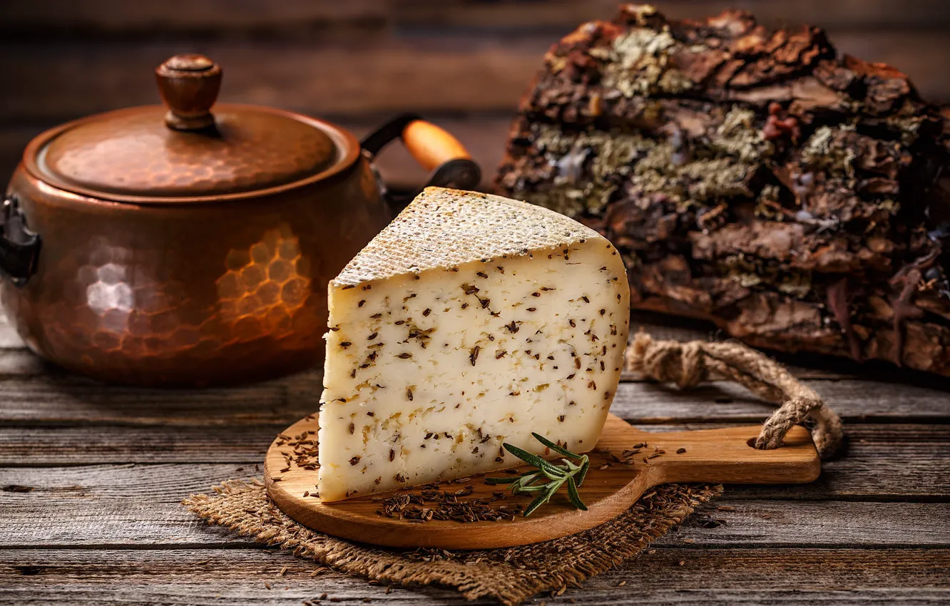 Photo wallpaper Board, cheese, pan, bark, piece, spices, cumin, cutting Board