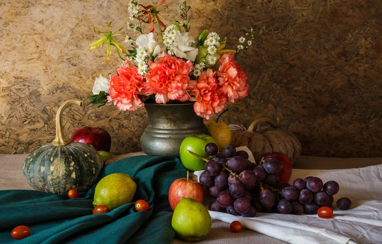 Photo wallpaper flowers, apples, bouquet, grapes, fruit, still life, pear, flowers