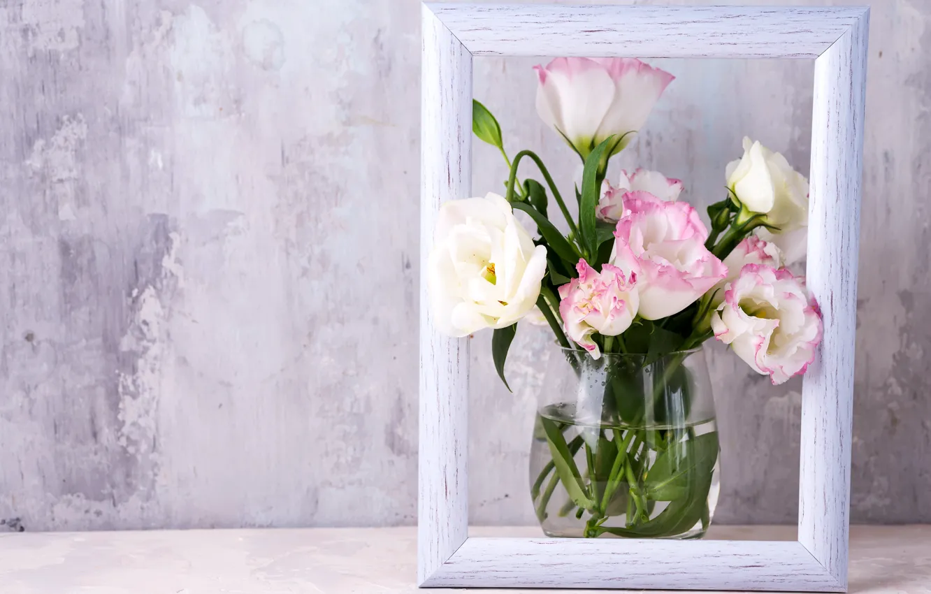 Photo wallpaper flowers, table, bouquet, vase, eustoma, Myfoodie