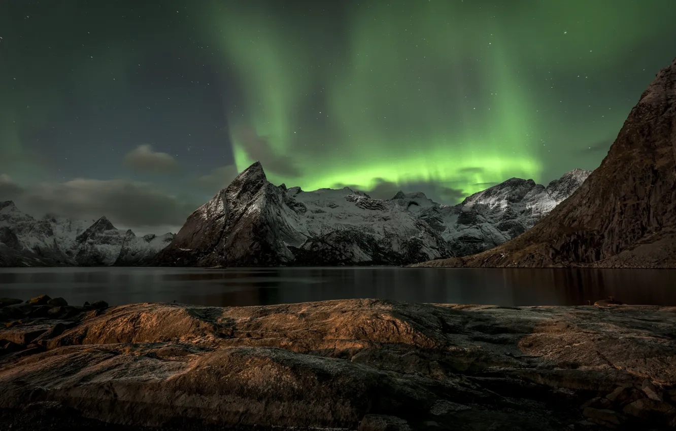 Photo wallpaper mountains, Norway, mountains, Norway, Aurora Borealis, Lofoten, The Lofoten Islands