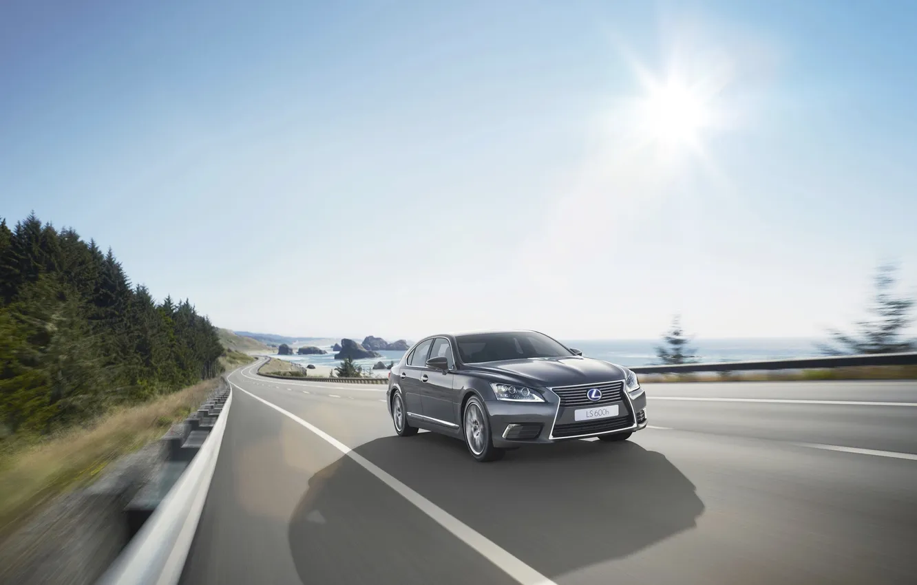 Photo wallpaper road, sea, machine, the sky, the sun, shadow, Lexus, in motion