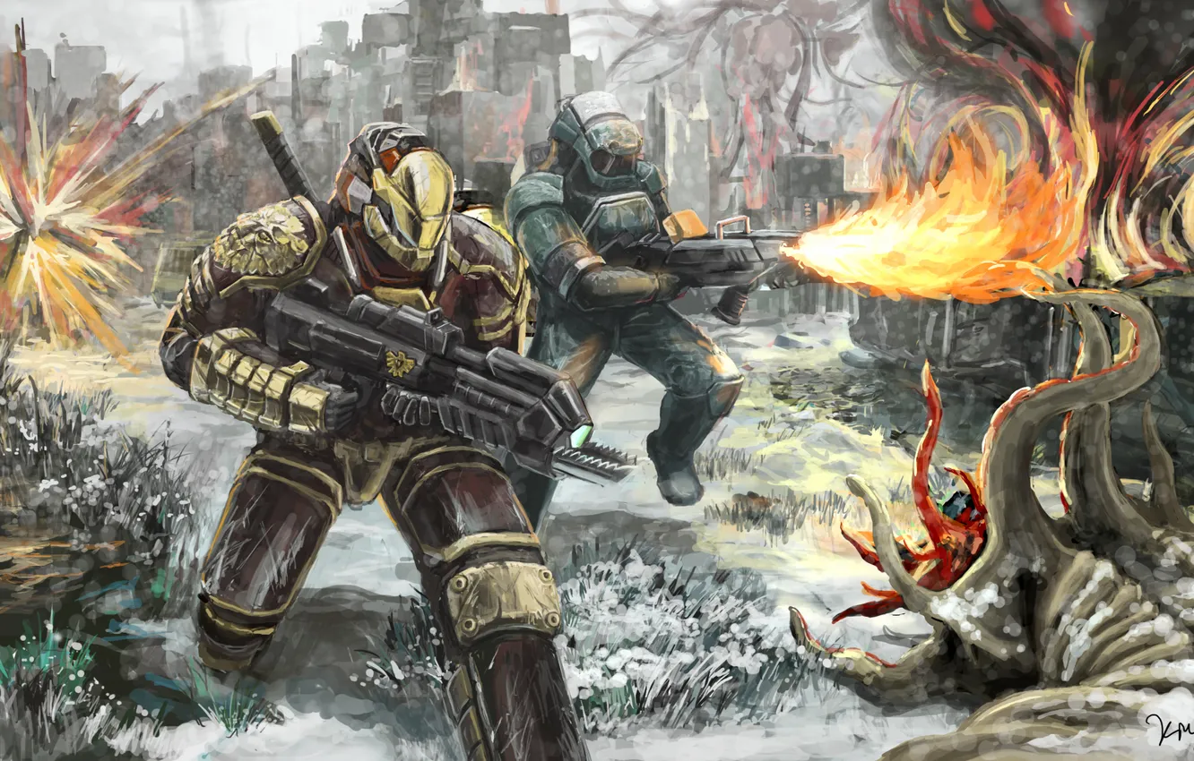 Photo wallpaper the city, weapons, flame, armor, monsters, soldiers, flamethrower, your booking