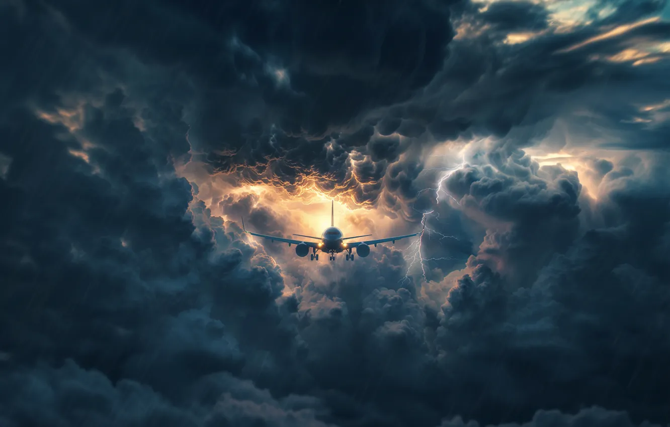 Photo wallpaper Clouds, The plane, Lightning, Clouds, Hurricane, AI art, The Art of Artificial Intelligence, Neural network