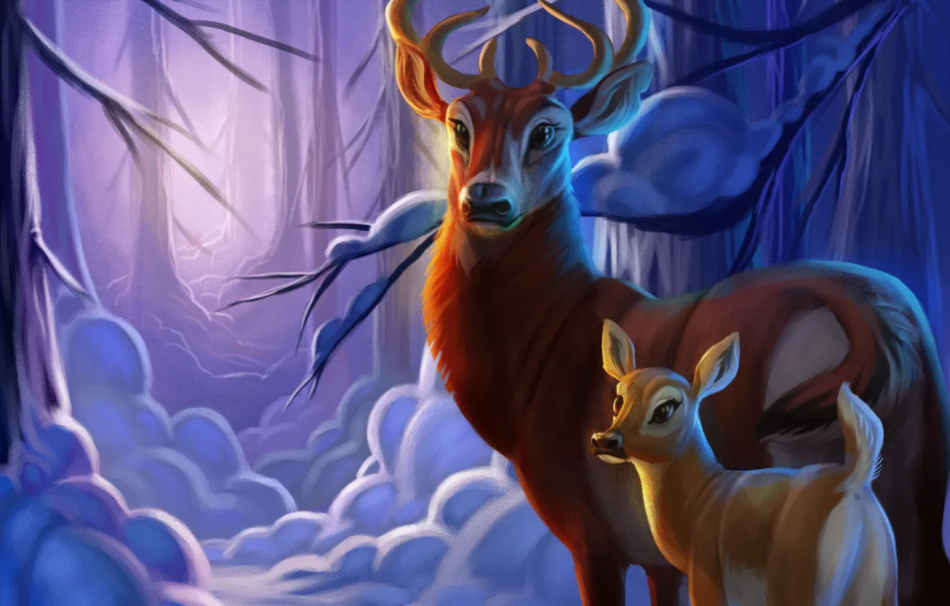 Photo wallpaper winter, forest, snow, deer, fawn, by TehChan