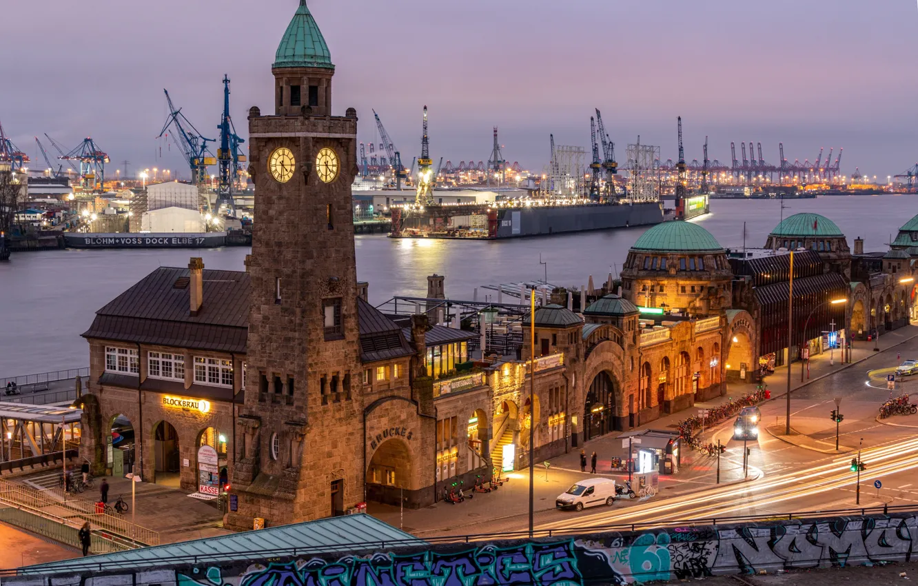 Photo wallpaper city, sunset, port, Hamburg