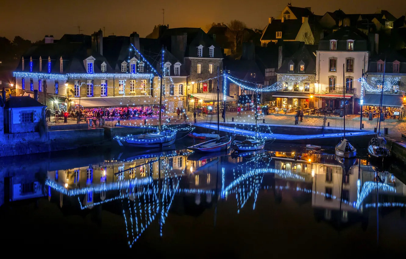 Photo wallpaper water, night, lights, reflection, France, home, boats, lights