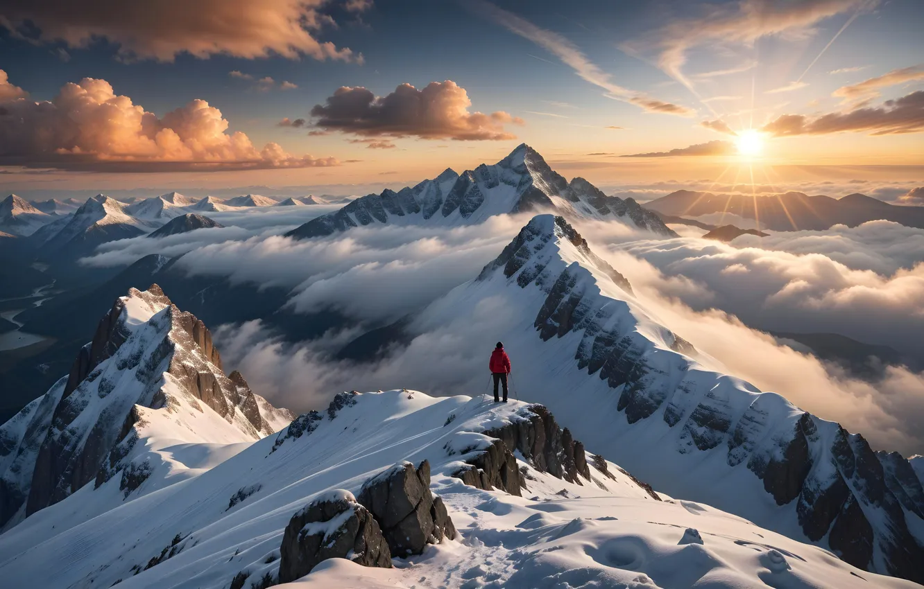 Photo wallpaper the sun, snow, mountains, tops, people, greatness