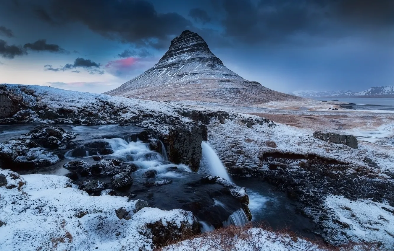 Photo wallpaper winter, the sky, clouds, snow, rocks, mountain, waterfall, the evening