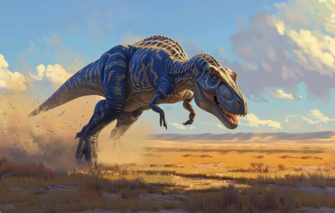 Photo wallpaper animal, dinosaur, predator, dust, running, Tyrannosaurus, digital art, Tyrannosaurus Rex