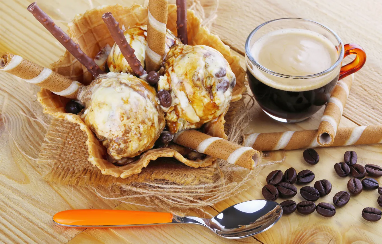 Photo wallpaper coffee, ice cream, dessert, wood