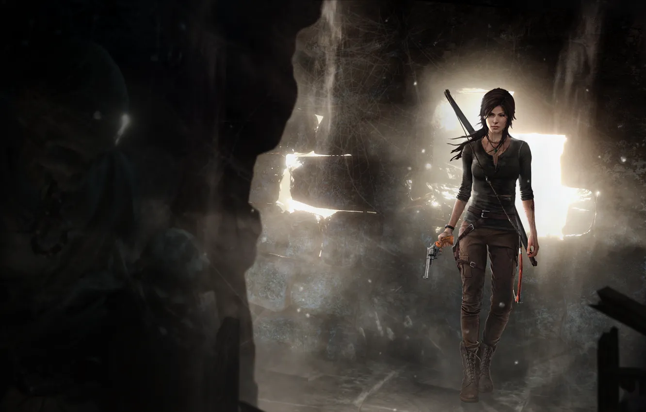 Photo wallpaper girl, skull, bow, skeleton, Tomb Raider, cave, revolver, Lara Croft