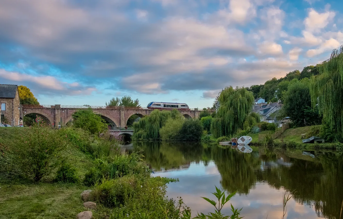Photo wallpaper summer, the sky, clouds, trees, bridge, lake, pond, reflection