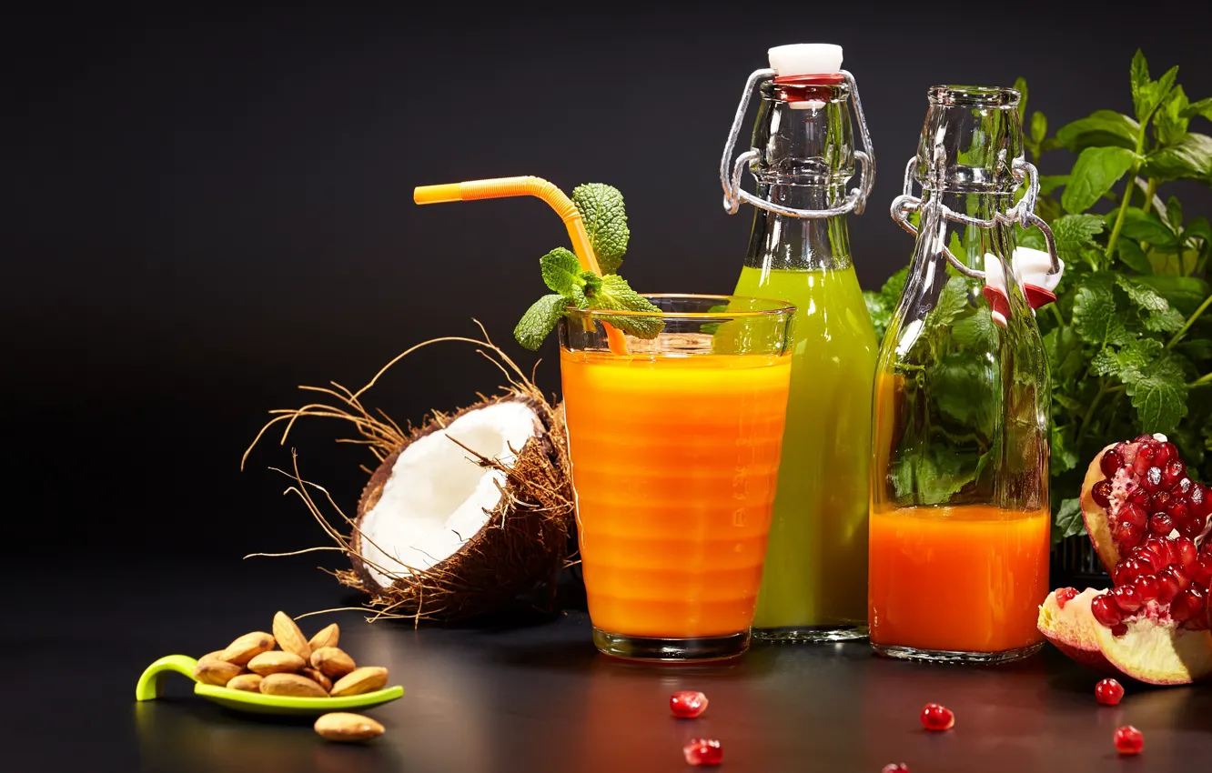 Photo wallpaper coconut, juice, drink, mint, nuts, garnet