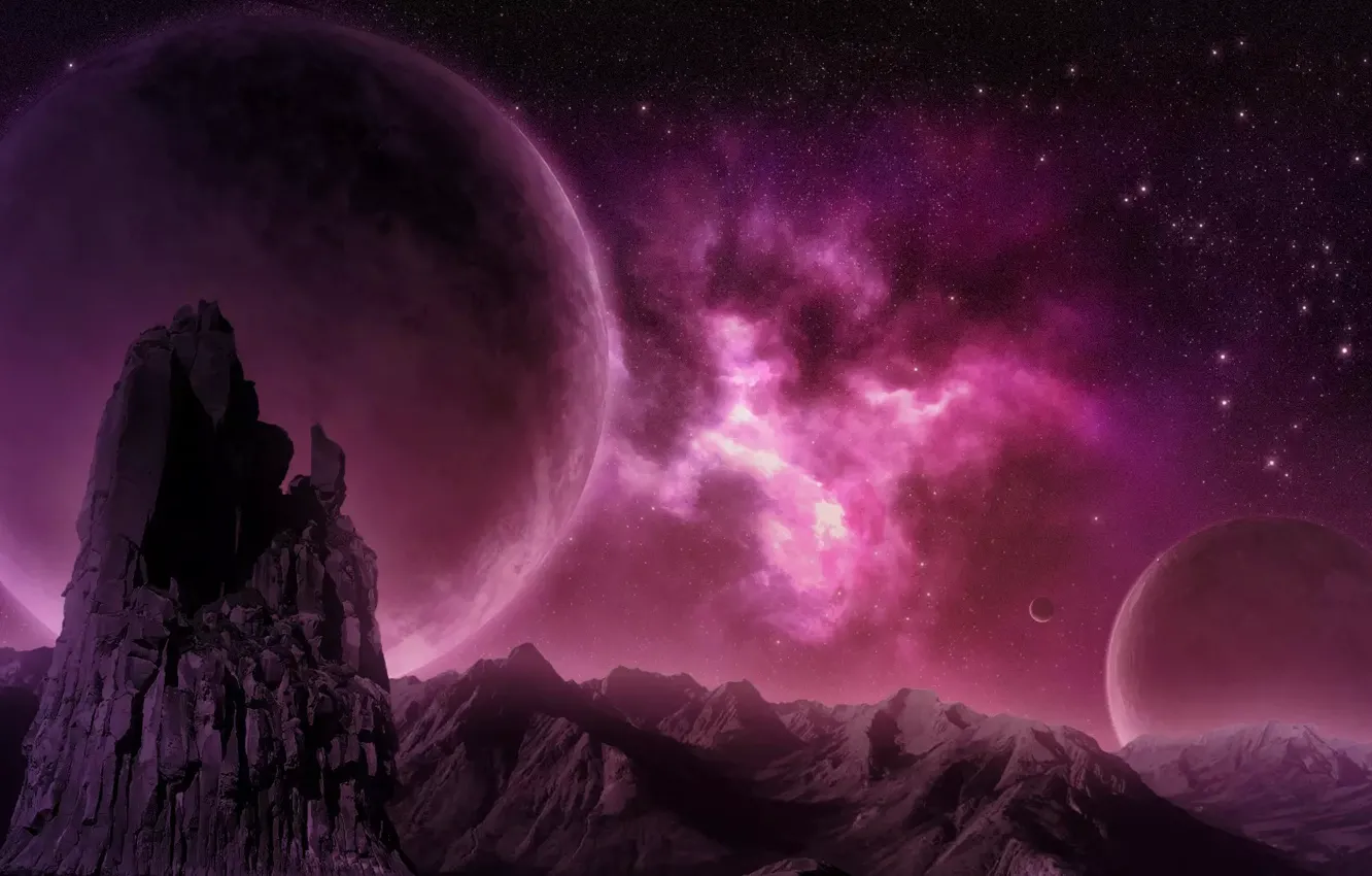 Photo wallpaper mountains, nebula, rocks, planet, nebula, pink, planet