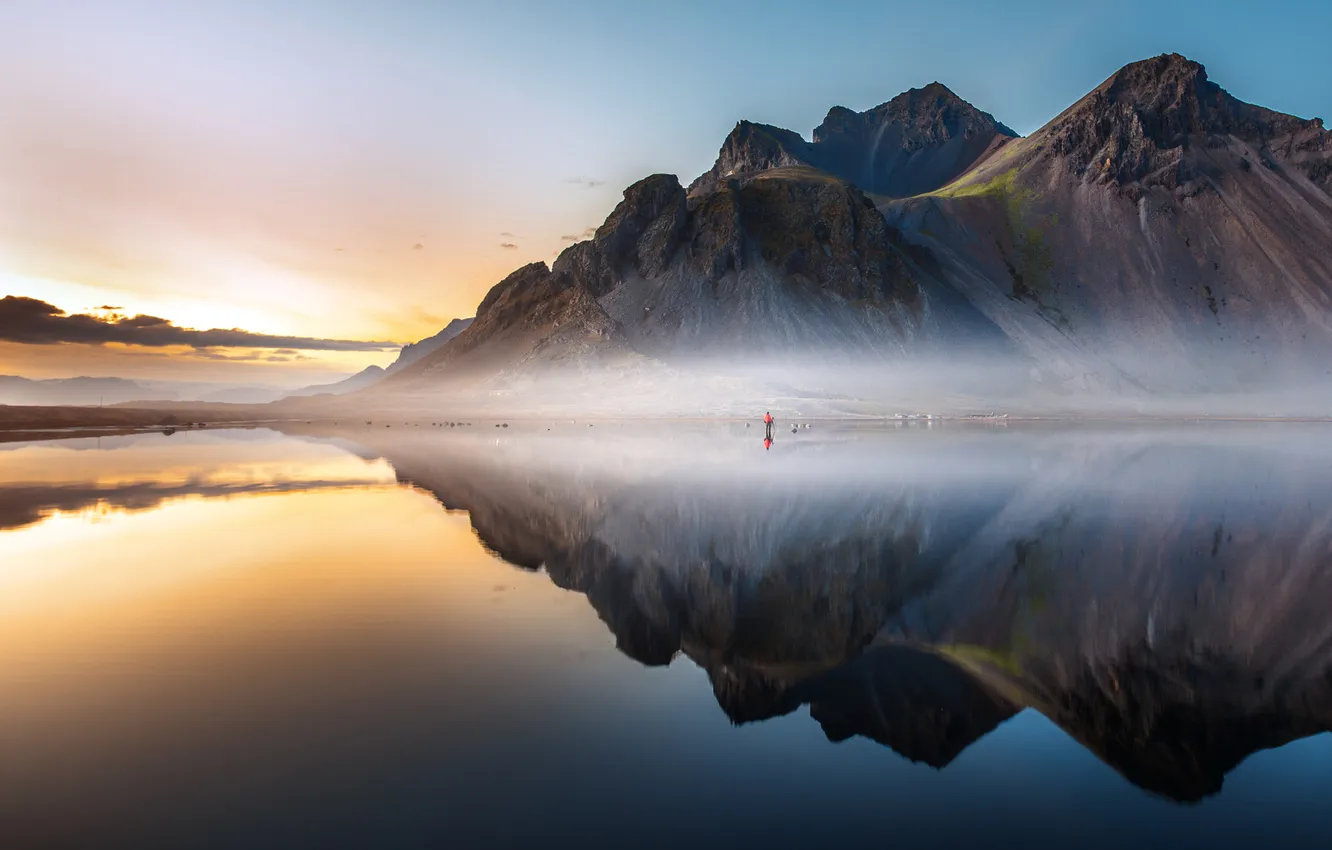 Photo wallpaper sea, the sky, water, the sun, sunset, reflection, rocks, shore