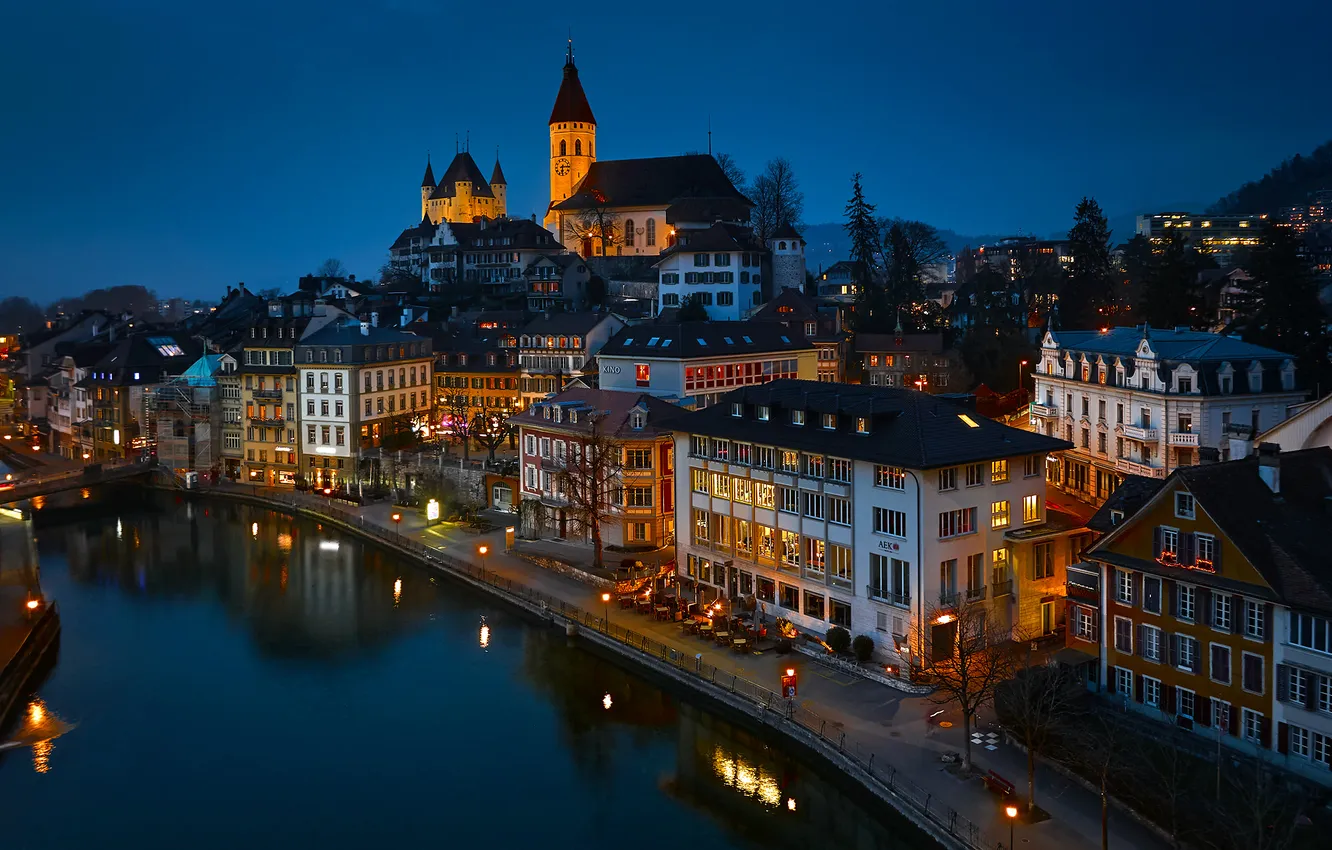 Photo wallpaper river, building, home, Switzerland, night city, Switzerland, Aare River, Thun